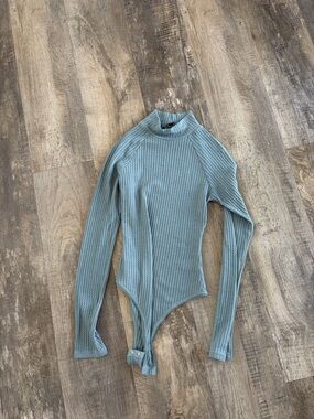 Lulu's Ribbed Mock Neck Bodysuit in Dusty Sage Blue-Green